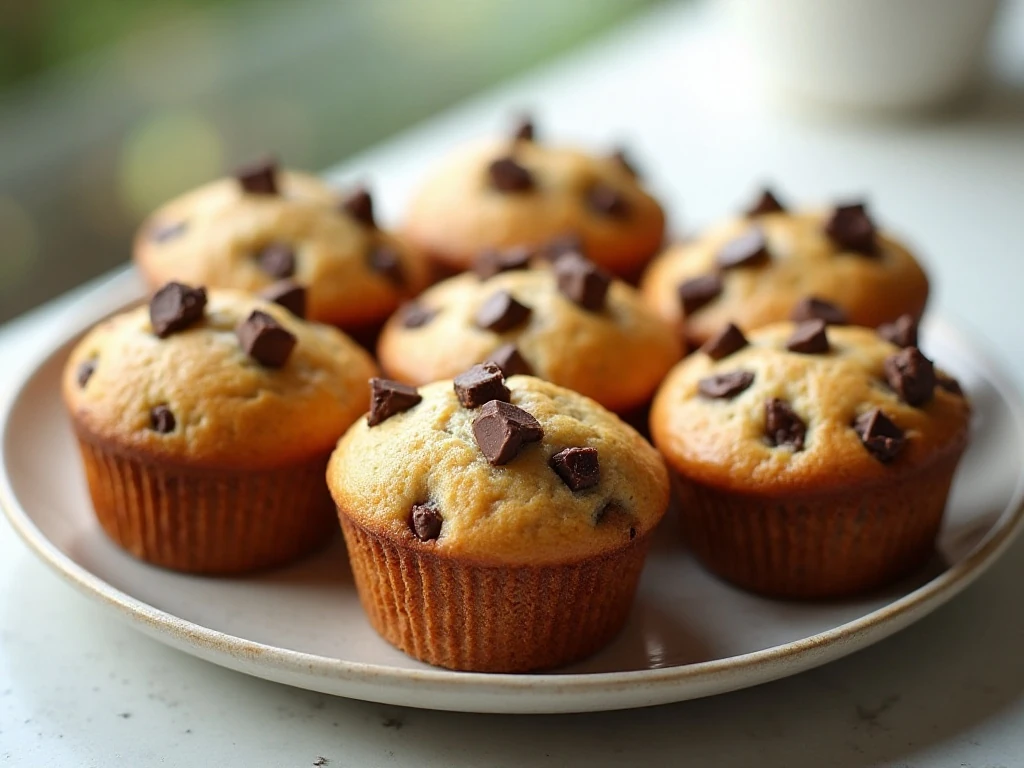 A platter of golden Greek yogurt chocolate chunk banana muffins