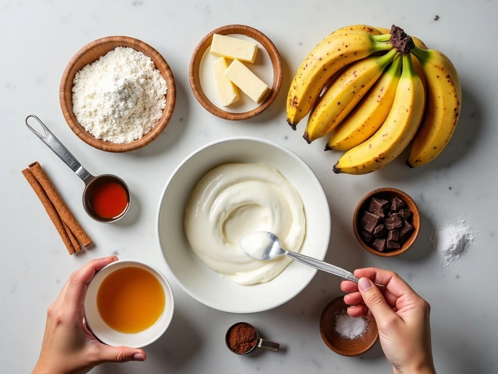 Ingredients for Greek yogurt chocolate chunk banana muffins