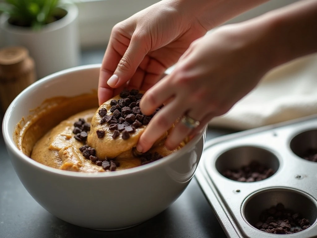 Folding chocolate chunks into banana muffin batter