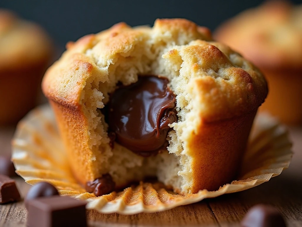 Close-up of the tender crumb and chocolate chunks inside a banana muffin