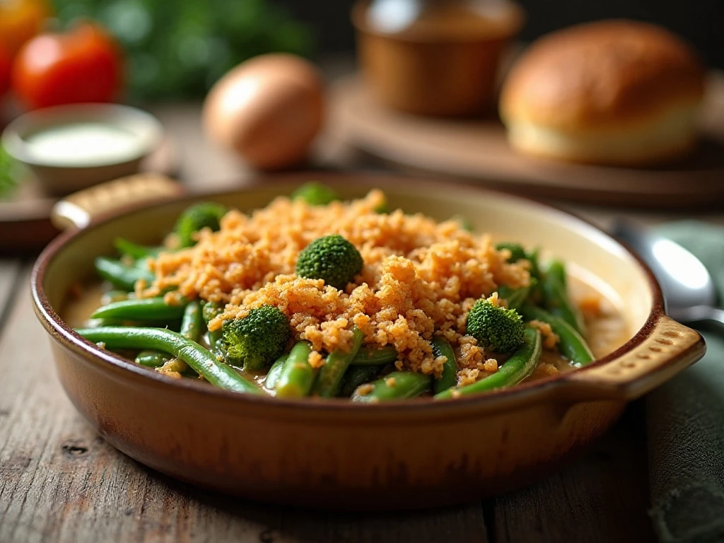 Creamy green bean and broccoli casserole with golden fried onions