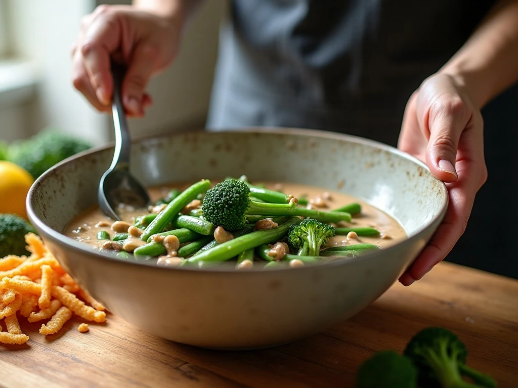 Mixing green beans and broccoli into creamy casserole sauce