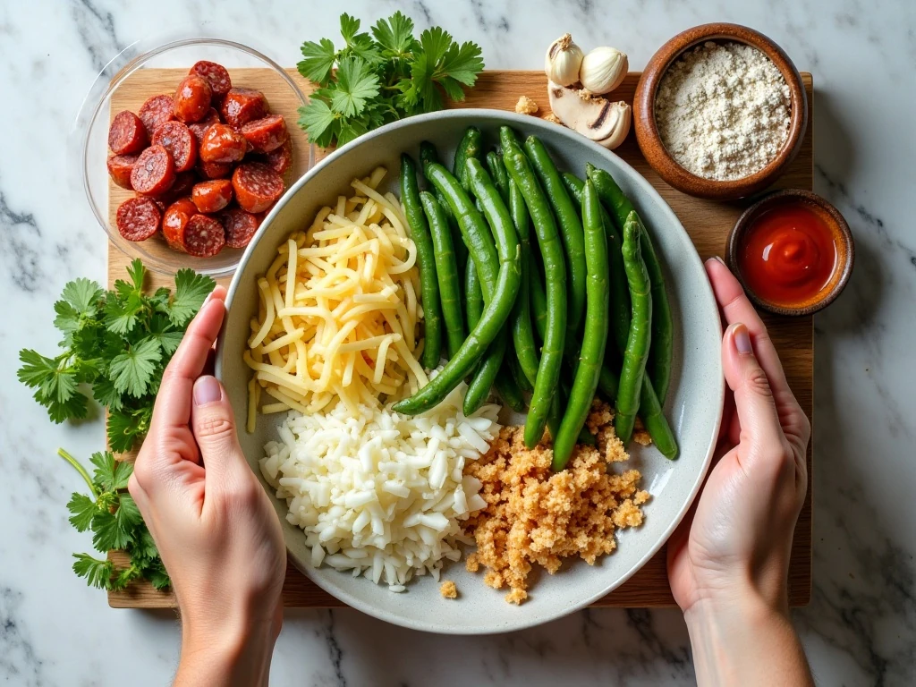 Ingredients for green bean casserole with chorizo arranged for cooking