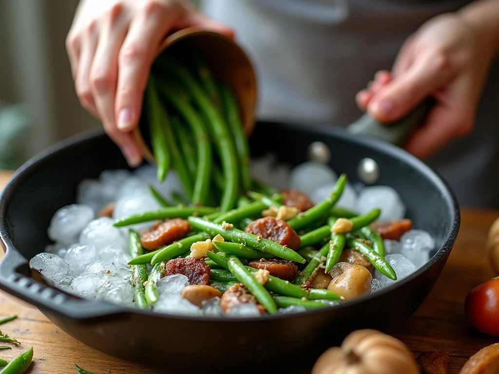 Blanching green beans and cooking chorizo for the casserole