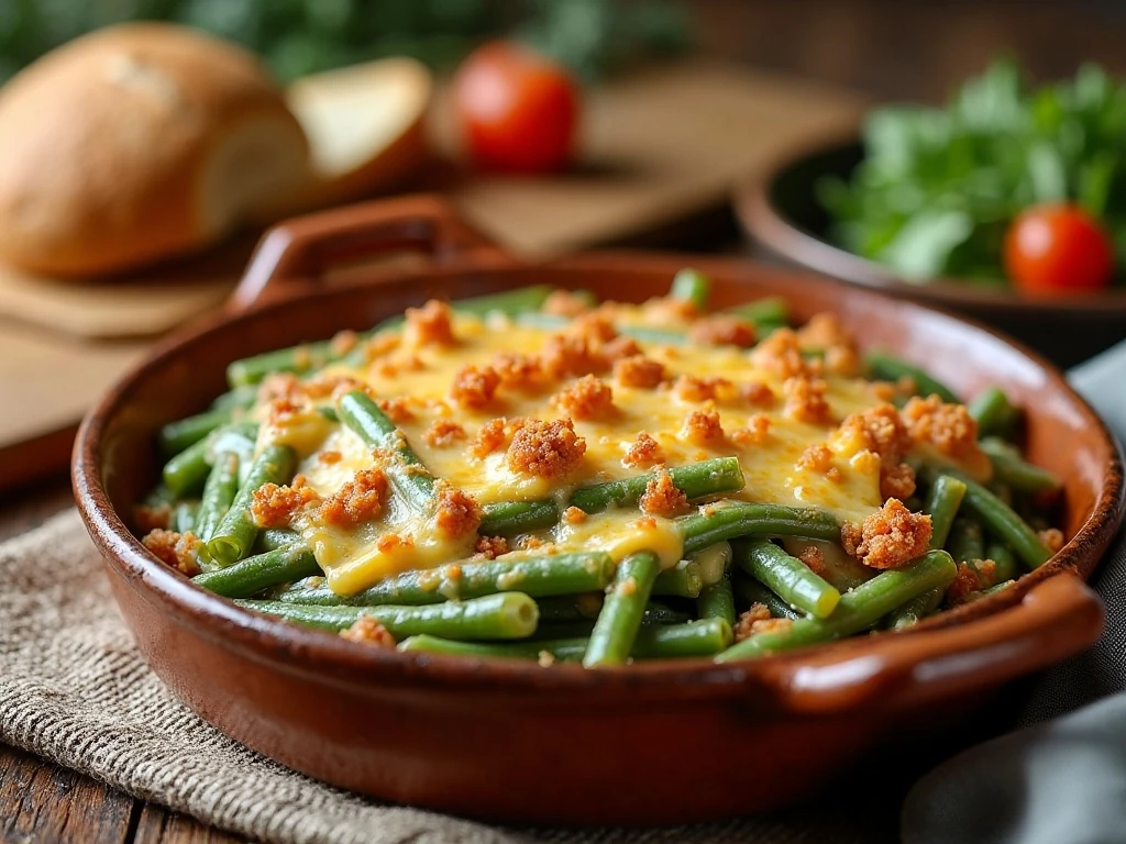 Green bean casserole with chorizo served as a hearty dinner