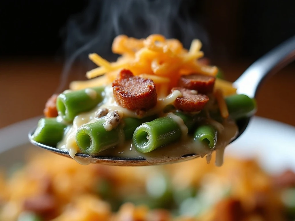 Close-up of creamy green bean casserole with chorizo and crispy onions