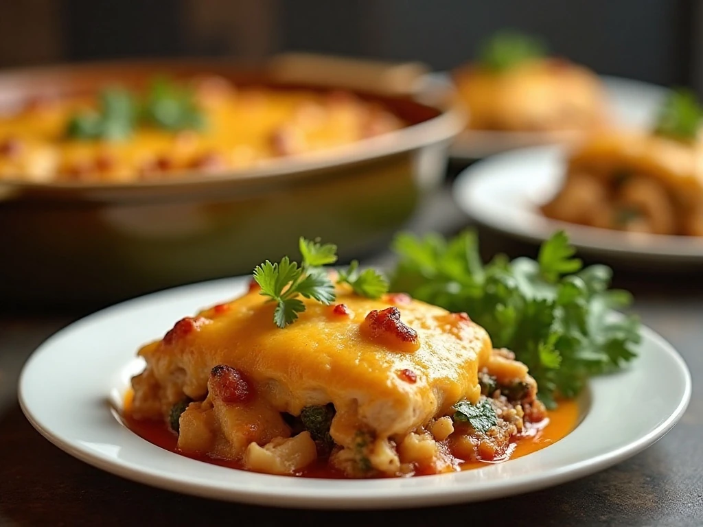 Cheesy green chile chicken casserole ready for a family dinner