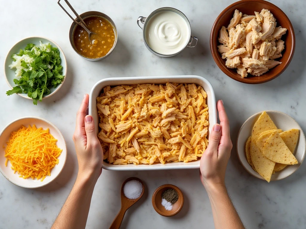 Ingredients for green chile chicken casserole arranged for preparation