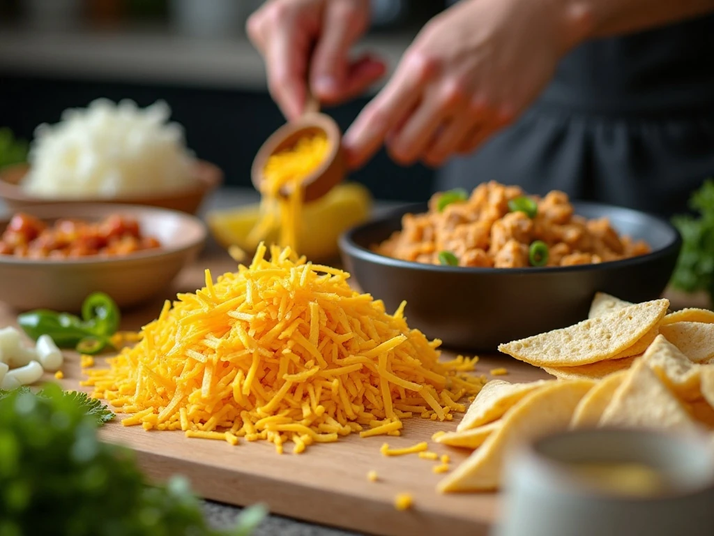 Fresh cheese and prepared ingredients for a creamy chicken casserole