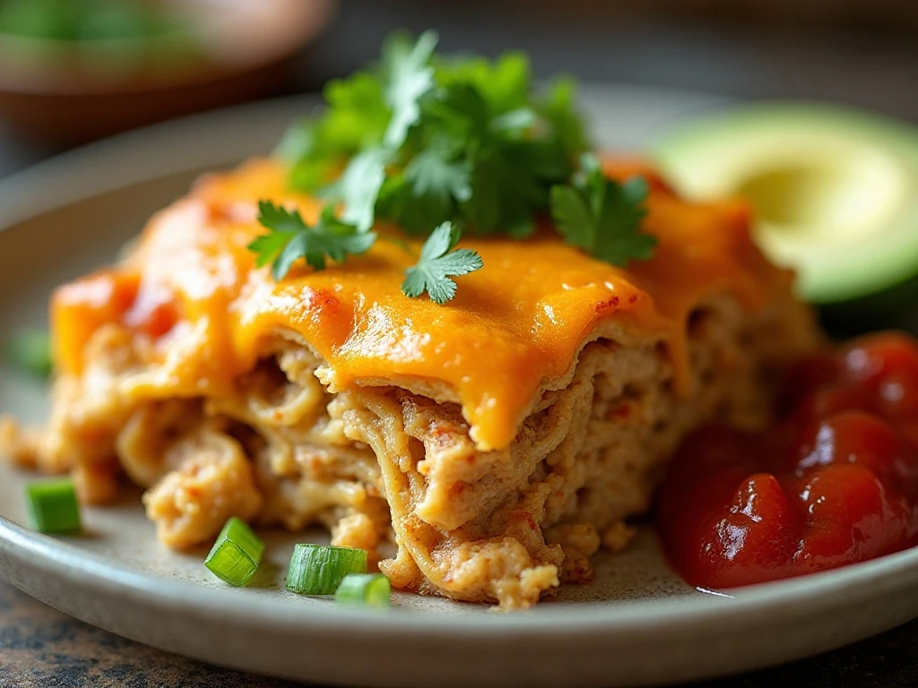 Reheated green chile chicken casserole with fresh garnishes