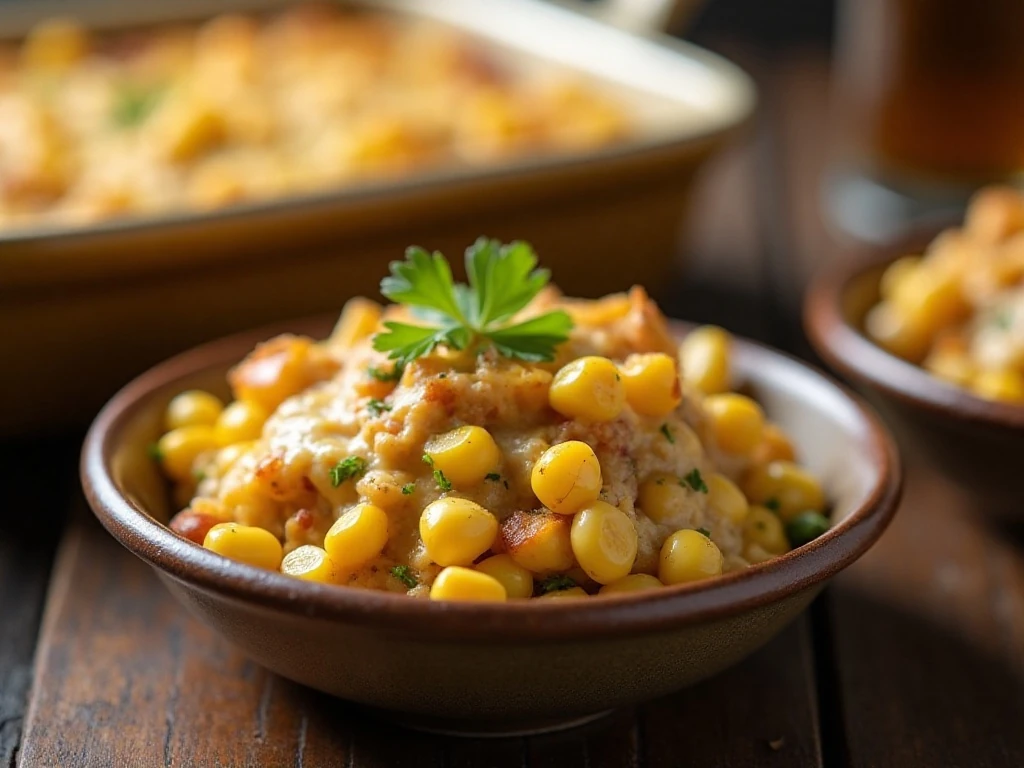 Creamy green chili corn casserole served as a comforting dinner side dish