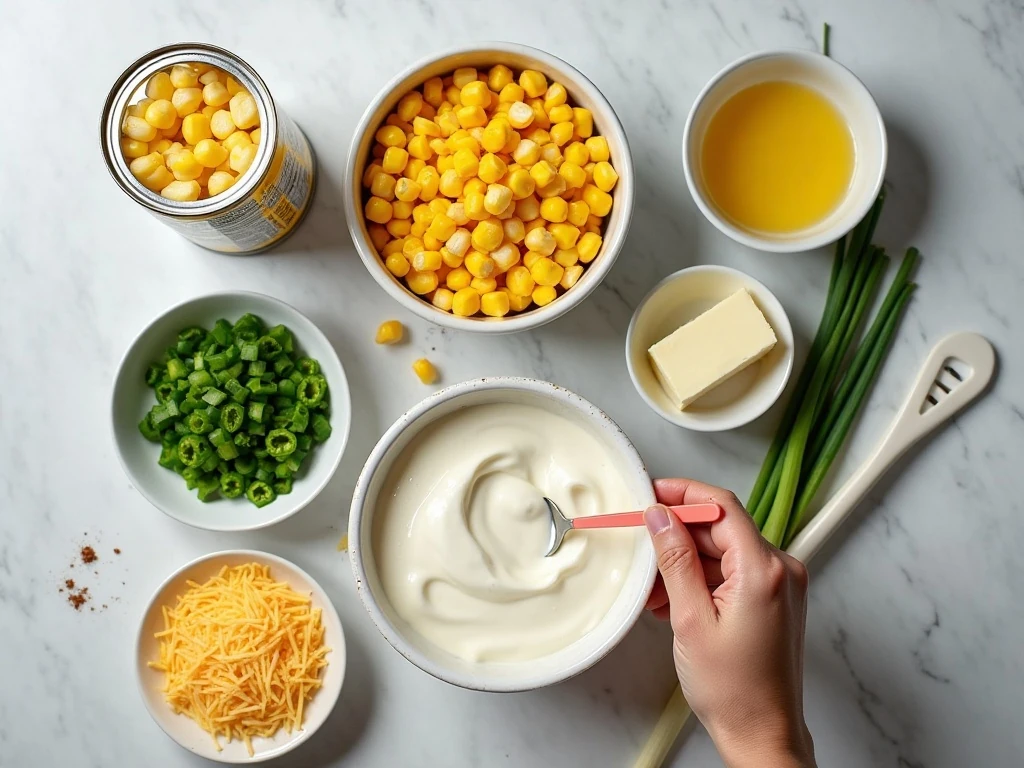 Ingredients for easy green chili corn casserole arranged on a countertop