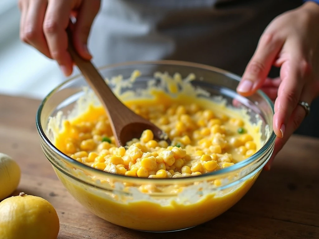 Mixing the ingredients for green chili corn casserole in a bowl