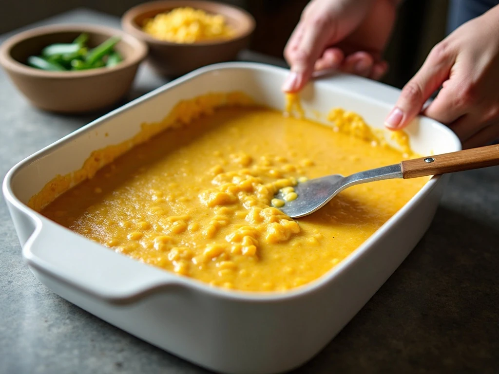 Green chili corn casserole mixture spread evenly in a prepared baking dish