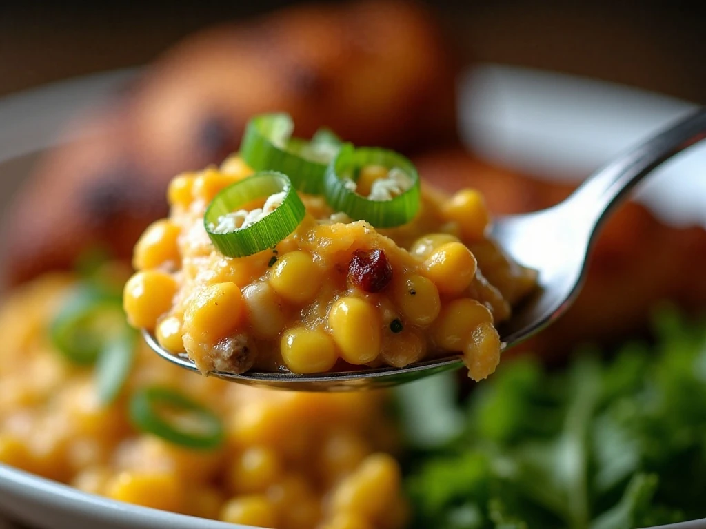 Green chili corn casserole served with chicken and salad