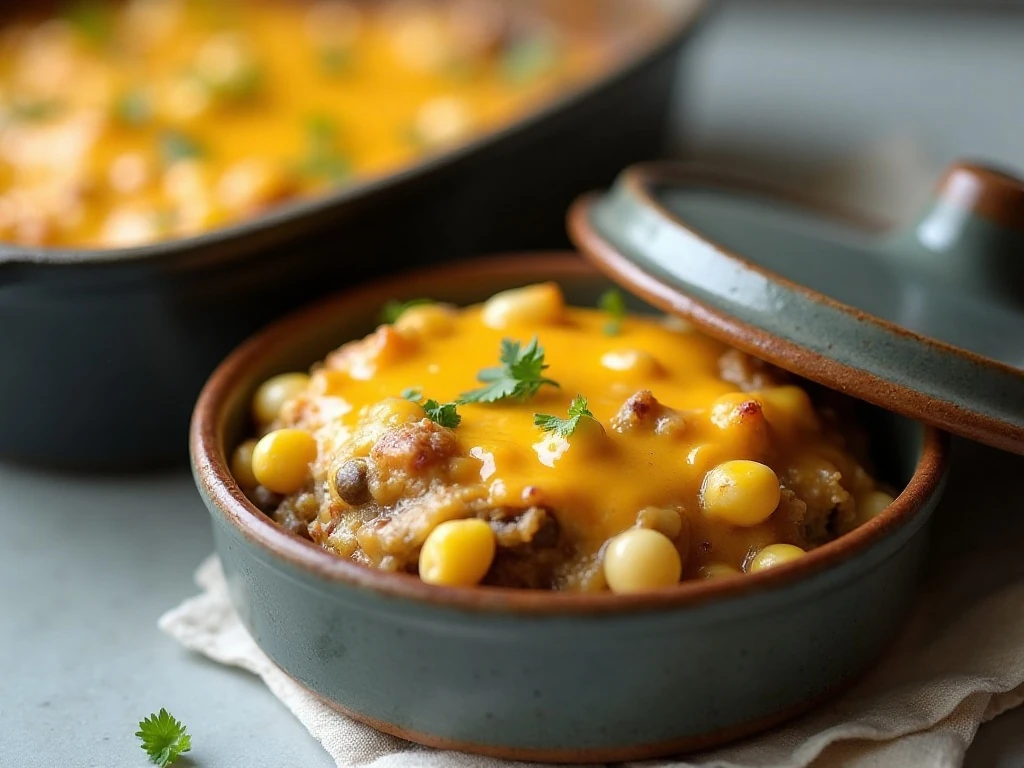 A reheated serving of green chili corn casserole with a cheesy golden top