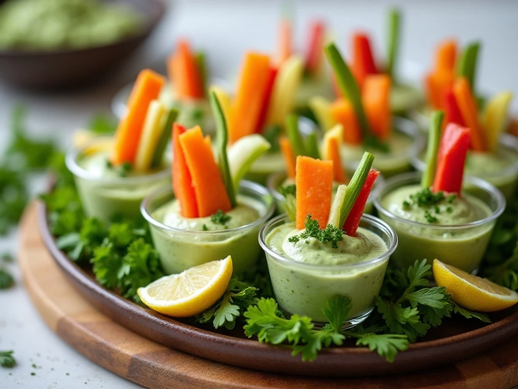 Individual green goddess veggie dip cups arranged on a party platter