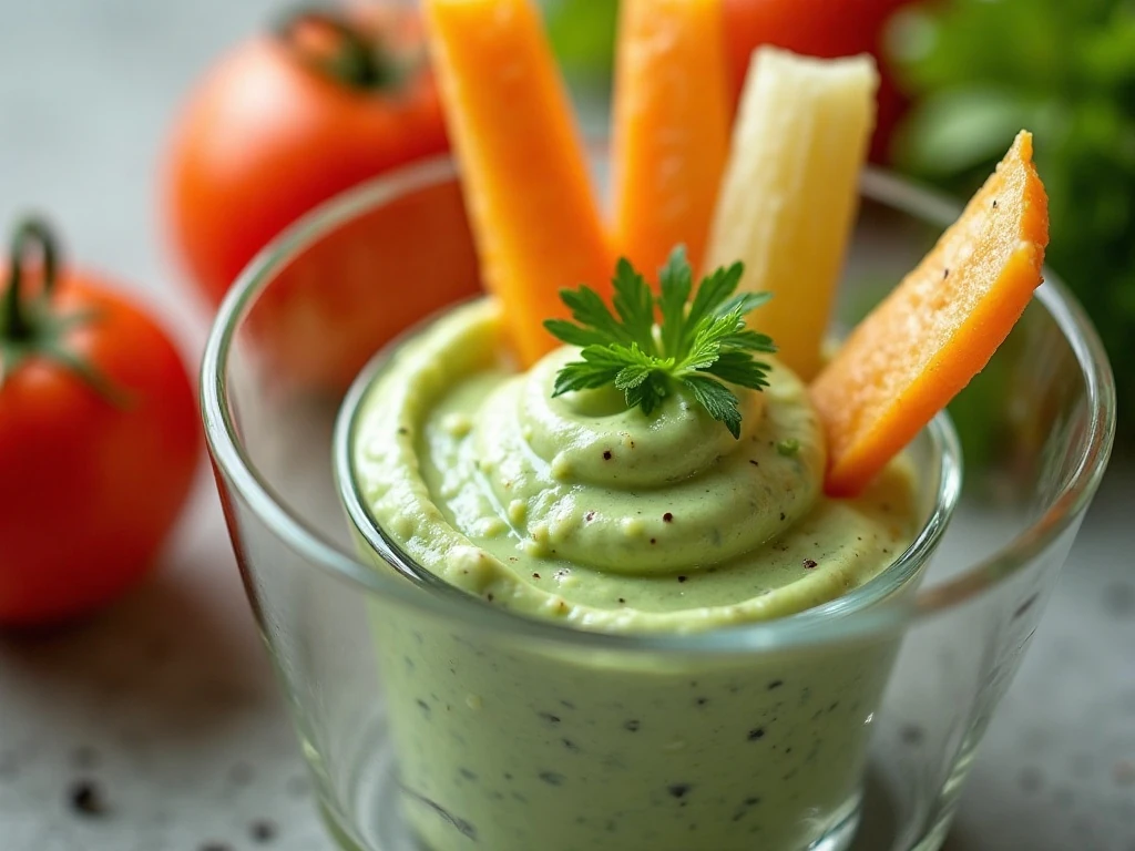 Close-up of creamy green goddess dip with crisp vegetables