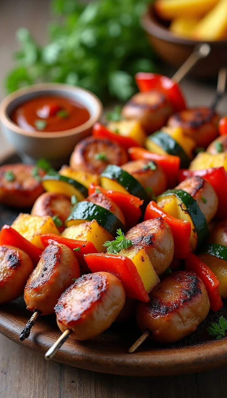 Grilled BBQ Chicken Sausage Kabobs with Pineapple and Veggies
