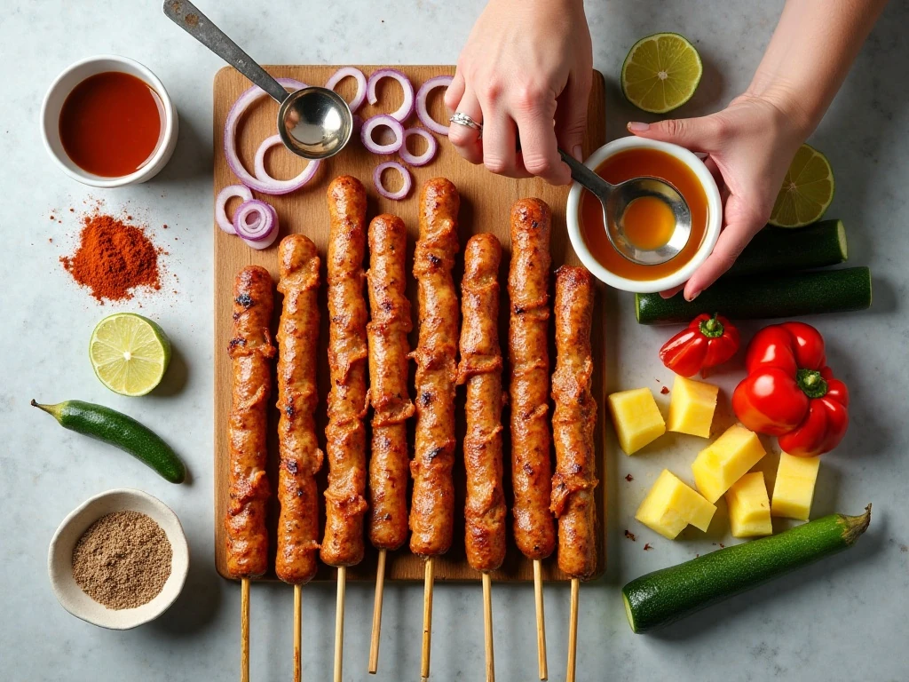 Ingredients for chicken sausage pineapple and vegetable kabobs