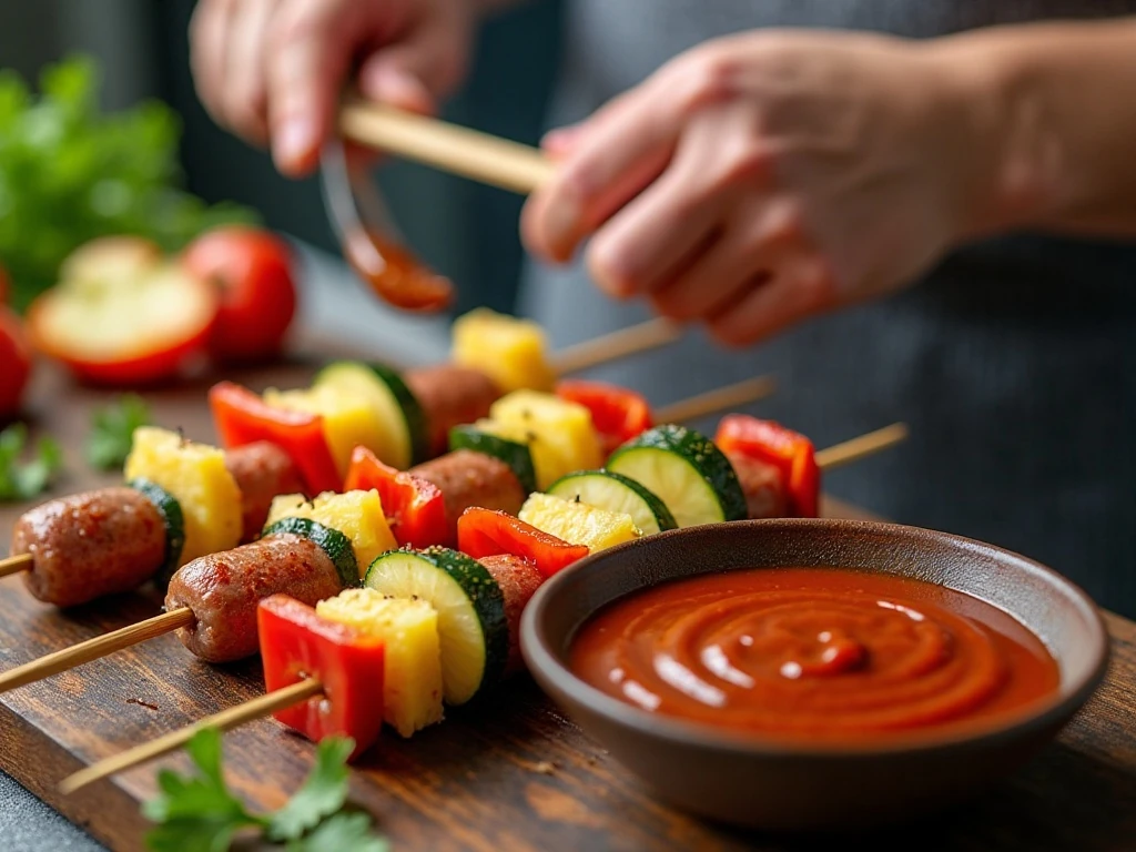 Assembling chicken sausage kabobs with pineapple and vegetables