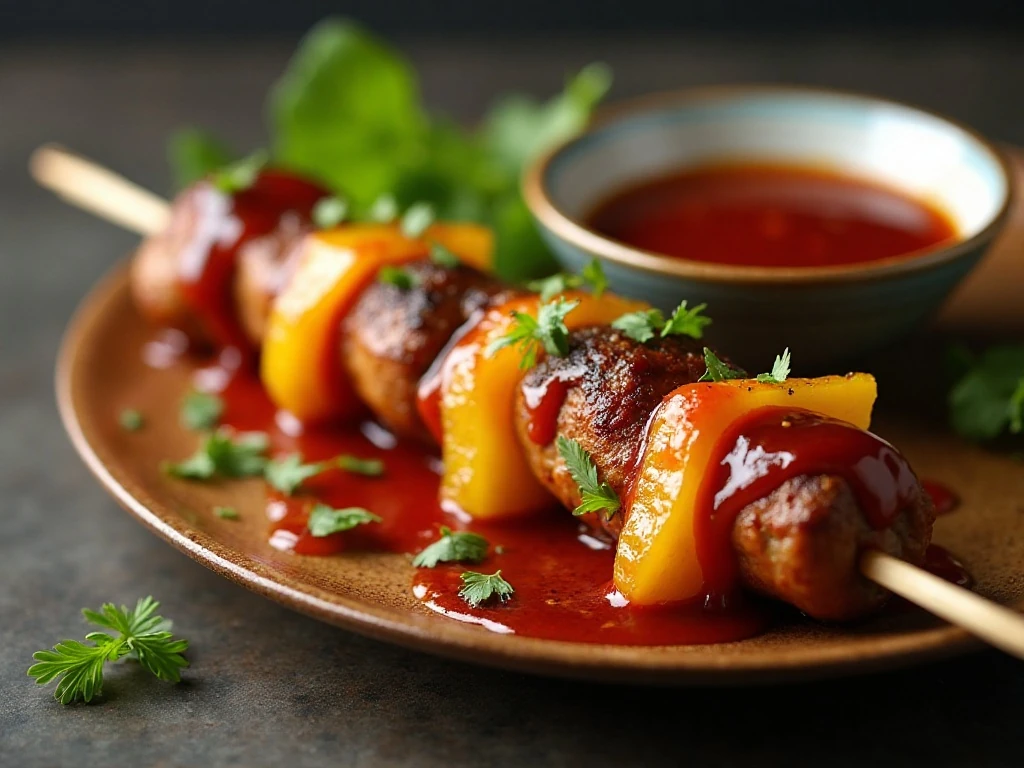 Close-up of glazed chicken sausage kabob with pineapple and vegetables