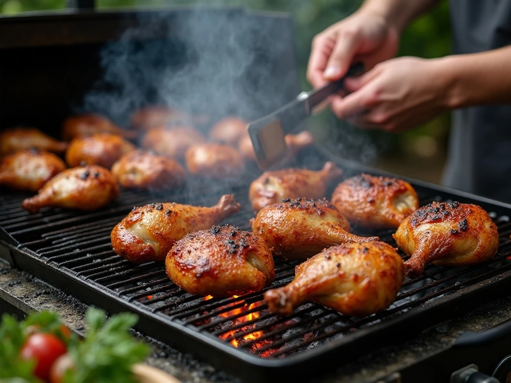 Bone-in chicken cooking on the indirect side of a two-zone grill