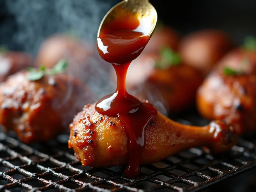 Barbecue sauce coating crisp grilled chicken near the end of cooking