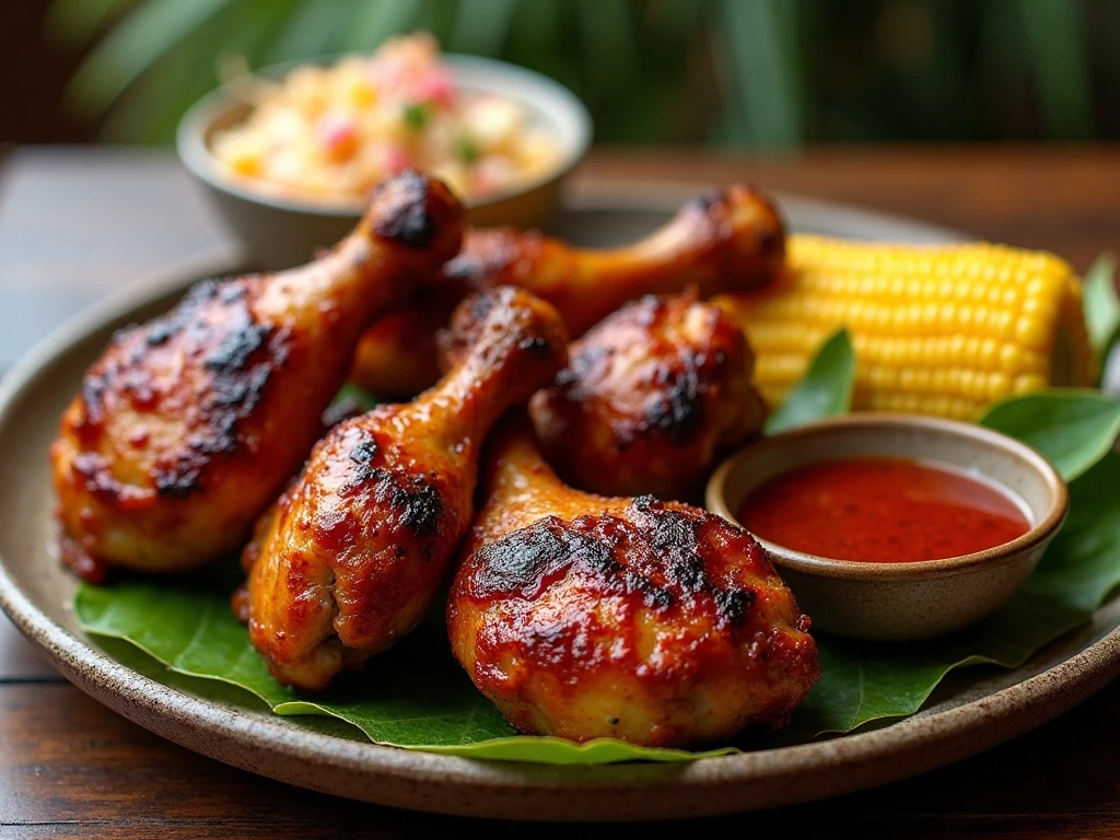 Juicy grilled BBQ chicken served with barbecue sauce and summer sides