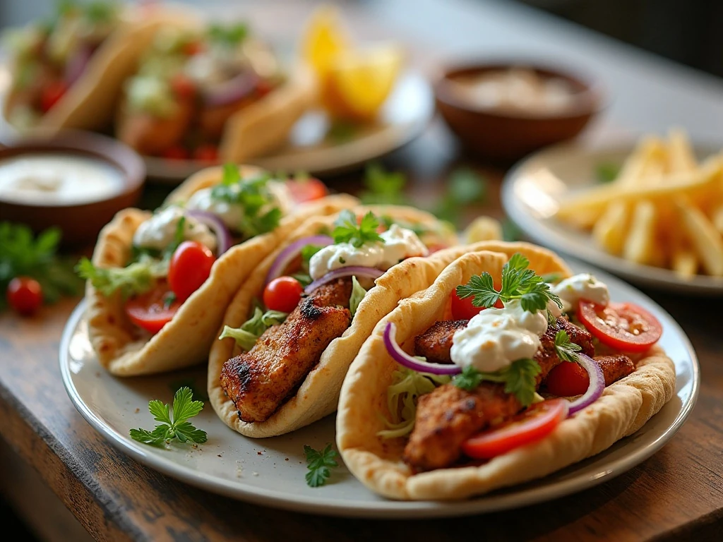Finished grilled chicken gyros with tzatziki and fresh vegetables