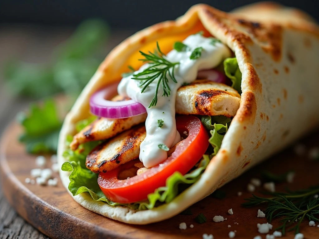 Close-up of a pita gyro with chicken, tzatziki, and vegetables
