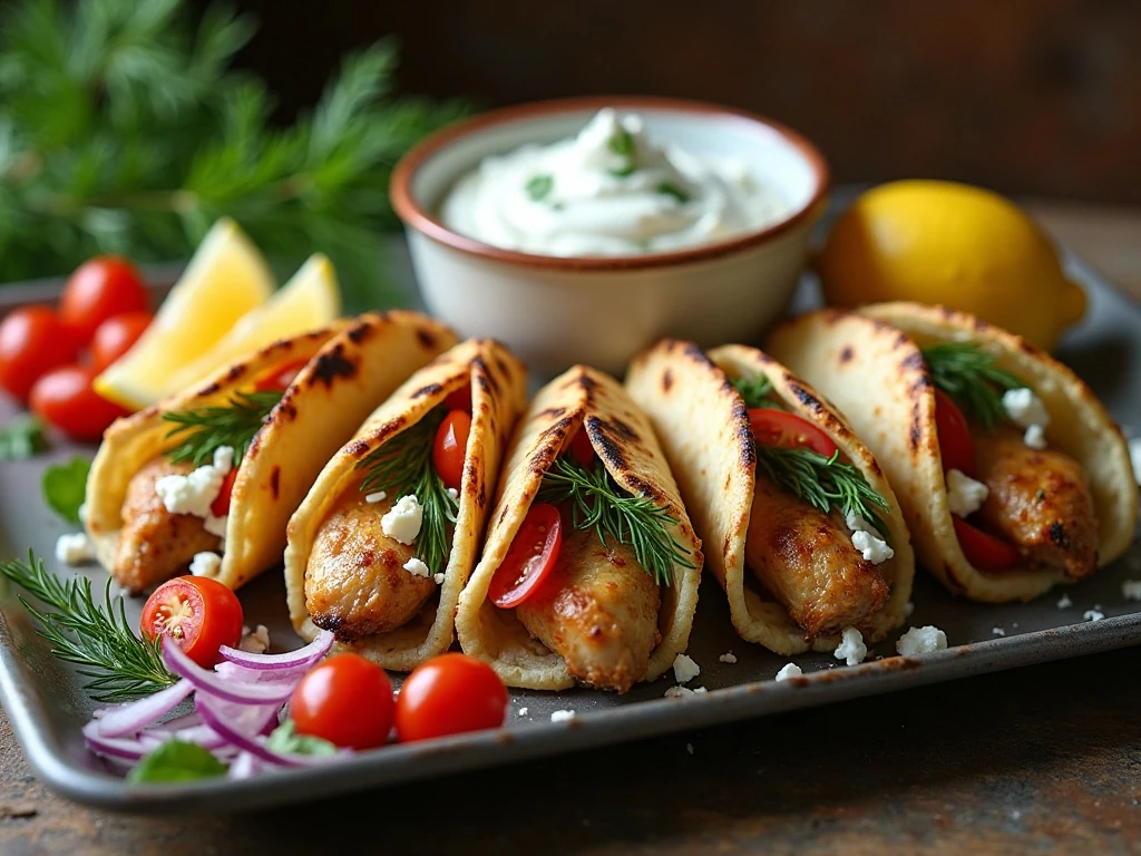 Platter of homemade grilled chicken gyros ready to serve