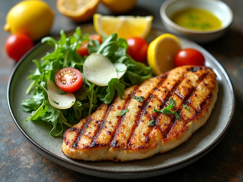 Grilled chicken Milanese served with arugula, tomatoes, Parmesan, and lemon wedges