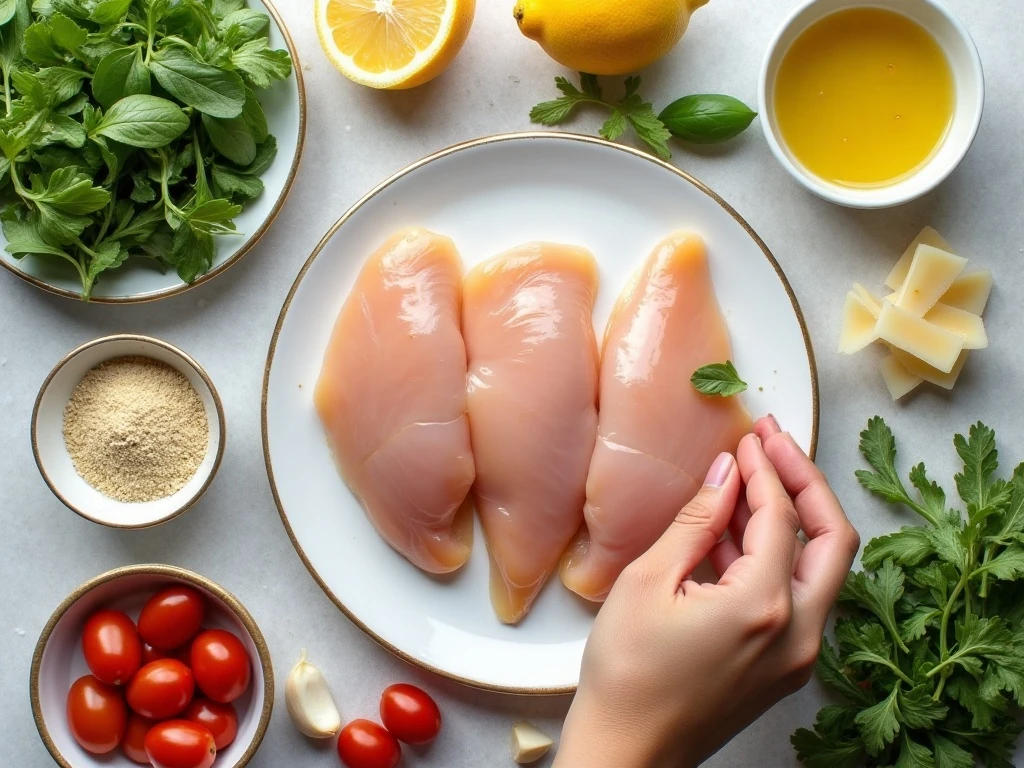 Ingredients for grilled chicken Milanese with lemon basil vinaigrette