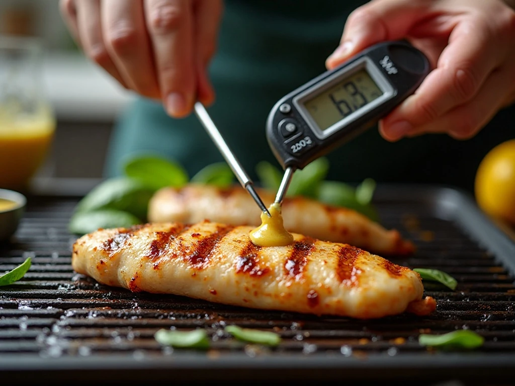 Checking the temperature of grilled chicken cutlets