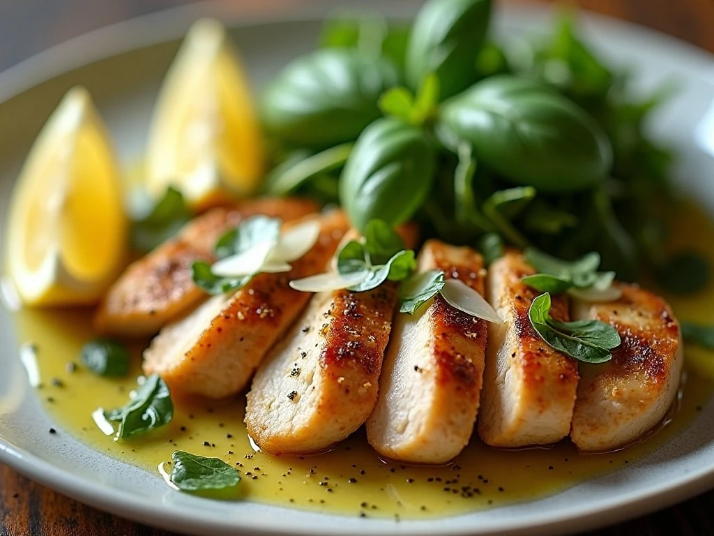 Lemon basil garnish and Parmesan on grilled chicken Milanese