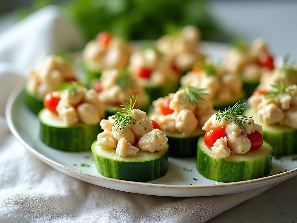 Platter of grilled chicken salad cucumber cups