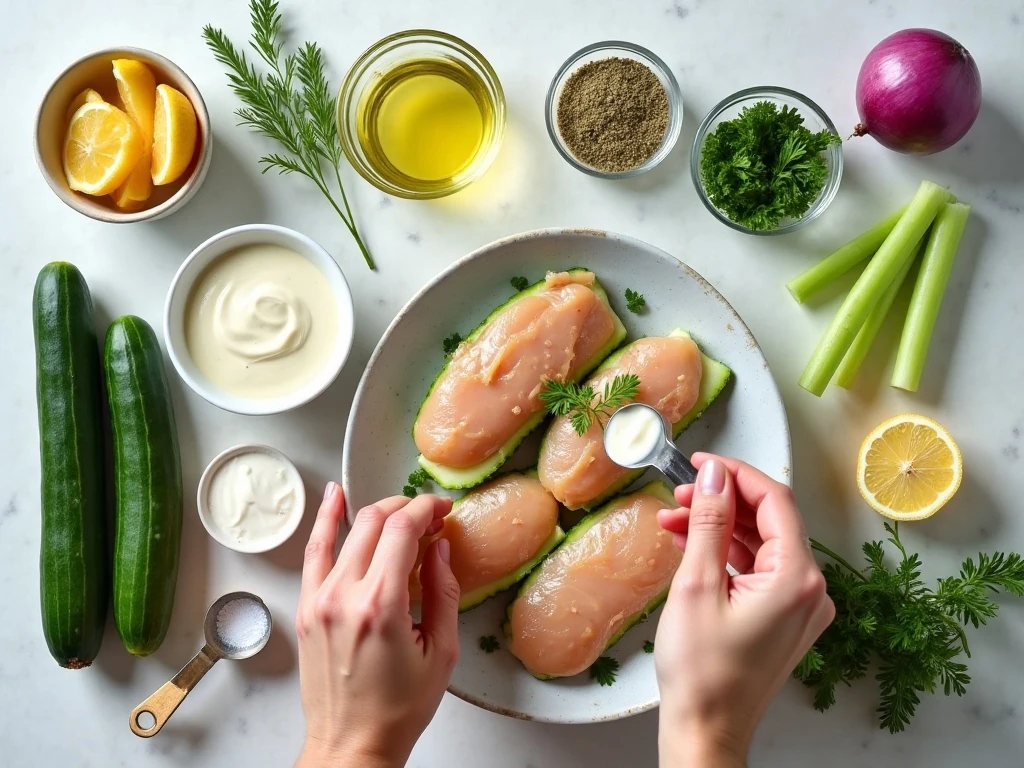 Ingredients for grilled chicken salad cucumber cups