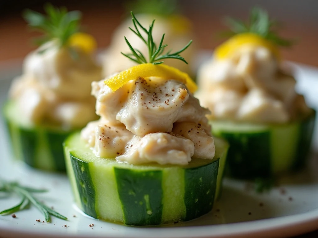 Close-up of garnished grilled chicken salad cucumber cup