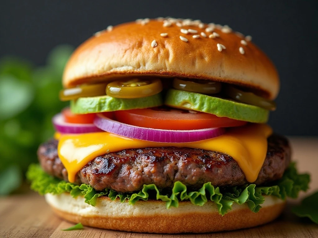 Close-up of chipotle burger toppings and melted cheese