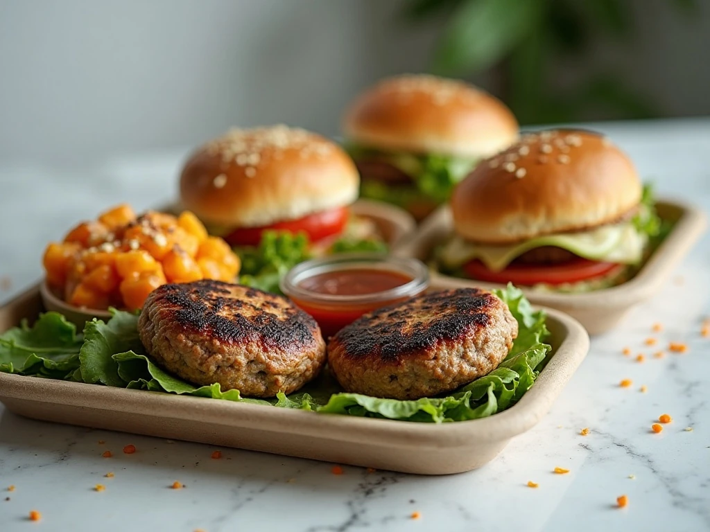 Stored grilled burger patties and toppings for reheating