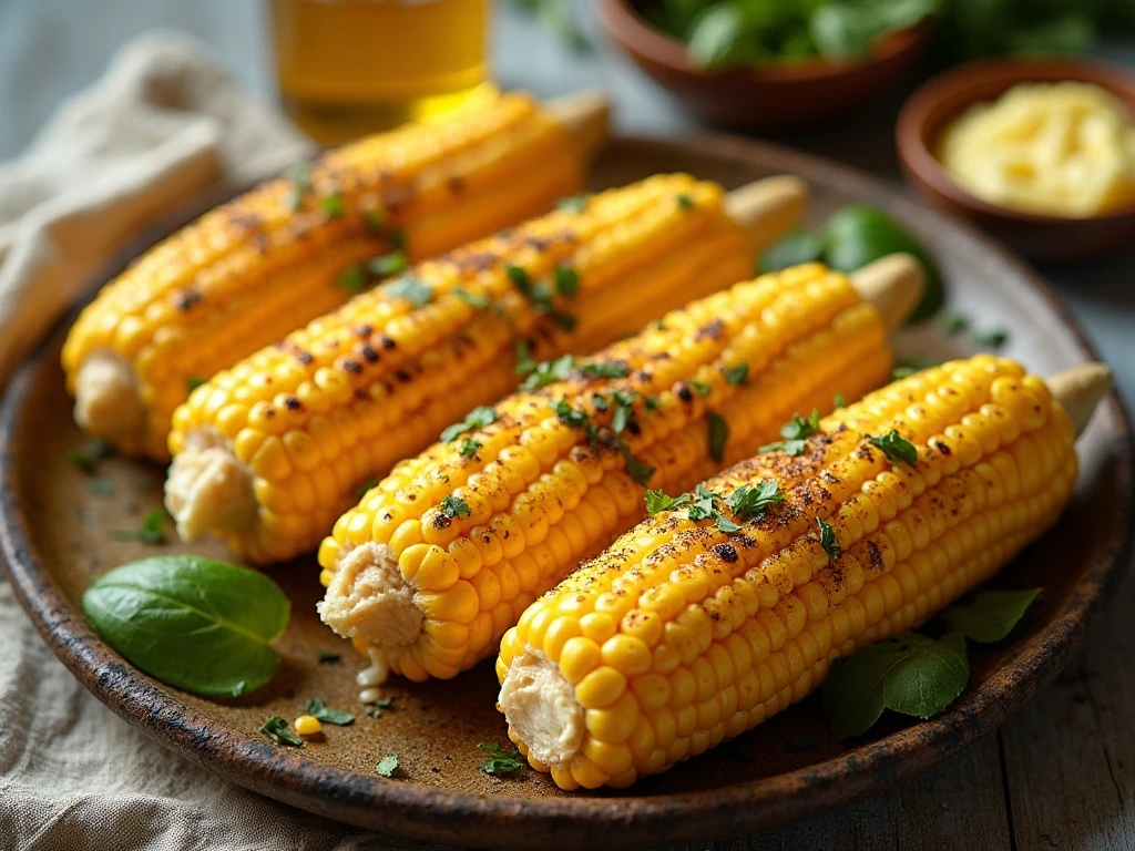 Four ears of grilled corn with seasoned butter and light char marks
