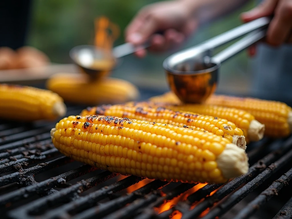 Turning corn frequently on the grill for even browning