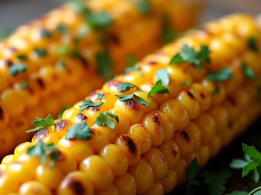 Close-up of seasoned butter melting over grilled corn