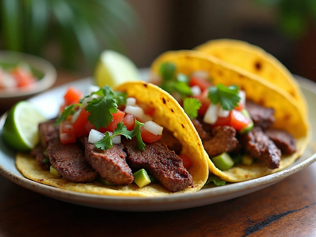 A platter of flavorful grilled flank steak tacos with avocado, salsa, cilantro, and lime