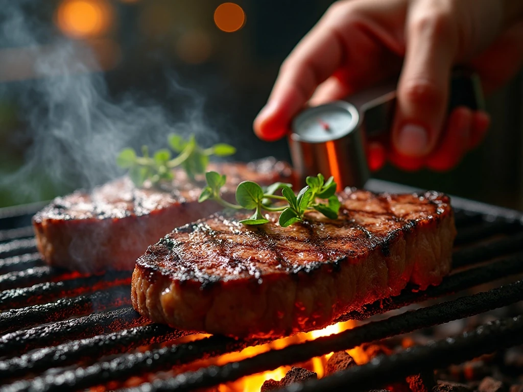 Flank steak grilling over high heat for tacos