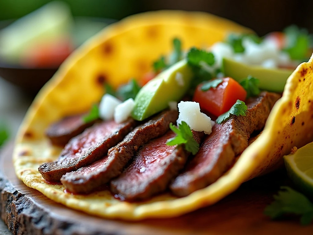 Fresh toppings being added to a grilled flank steak taco