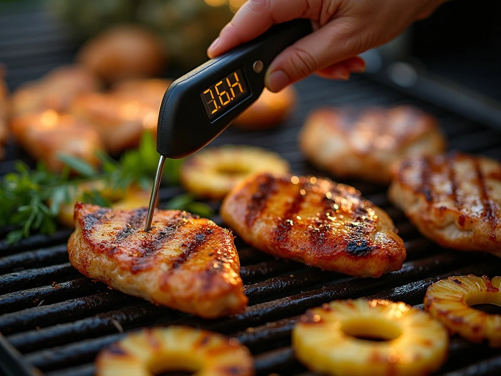 Checking the temperature of grilled chicken breasts