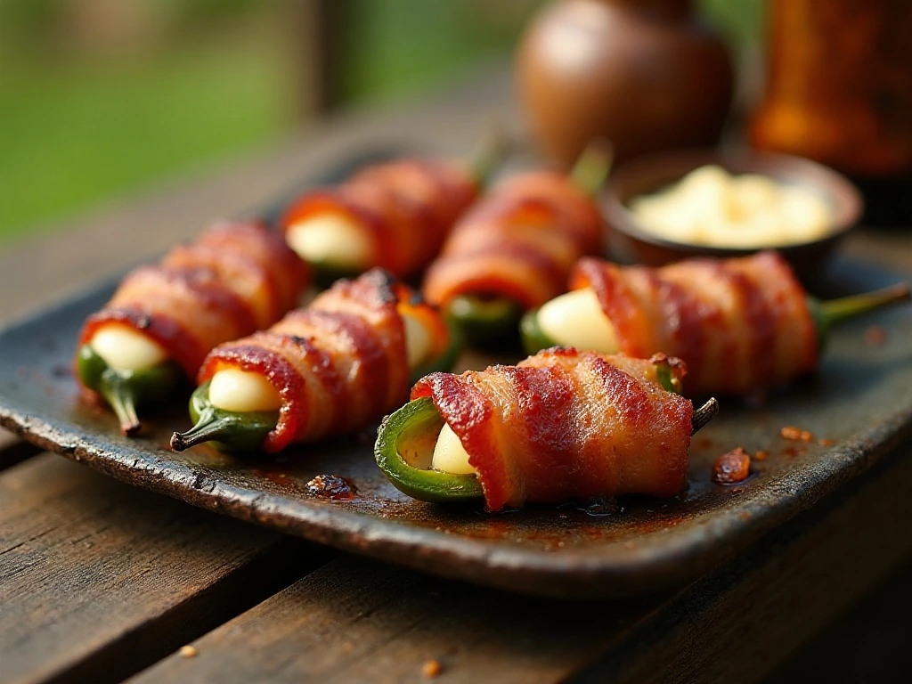 Bacon-wrapped grilled jalapeño poppers arranged on a serving platter