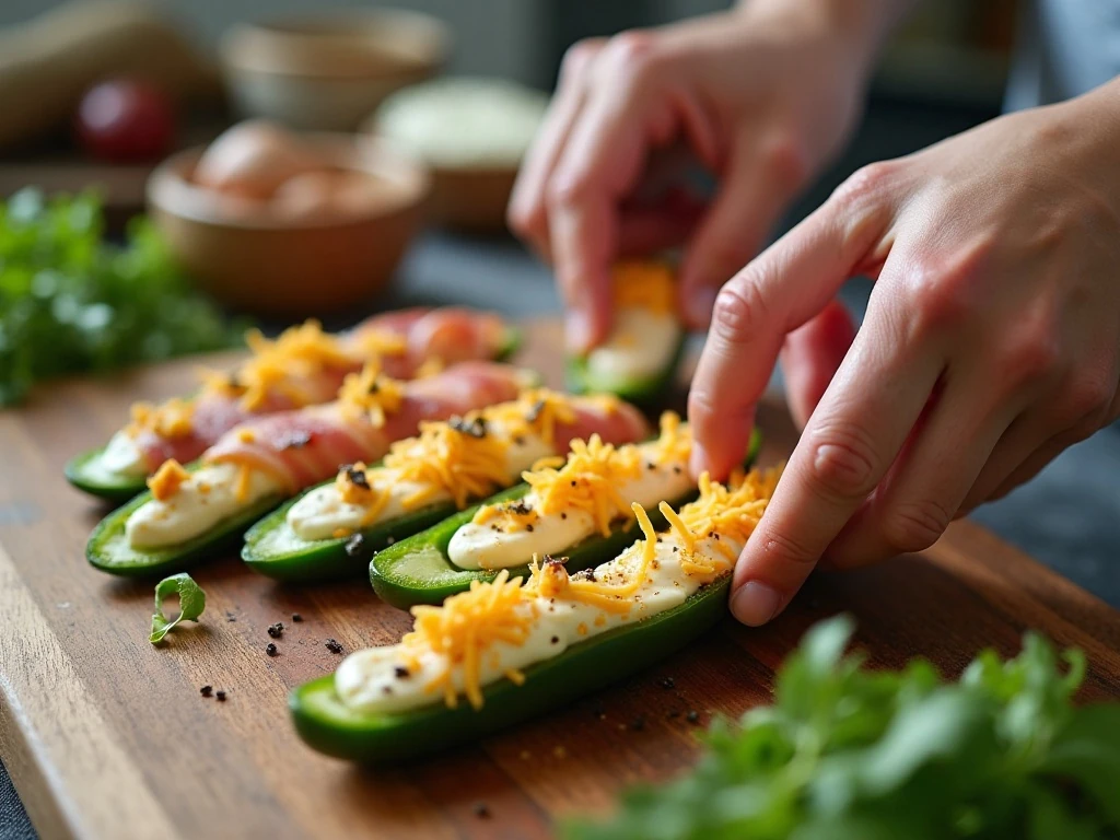 Filling jalapeño halves with seasoned cream cheese mixture